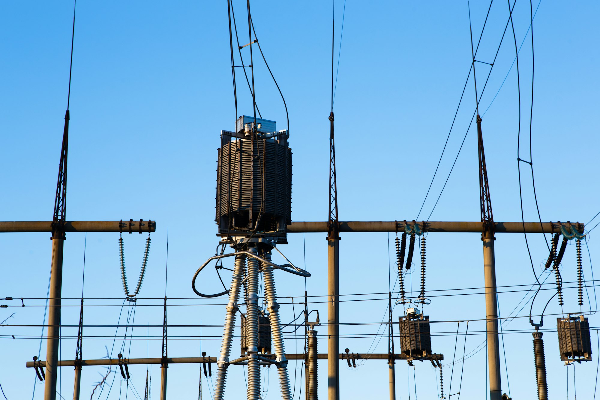 High voltage power transformer substation.